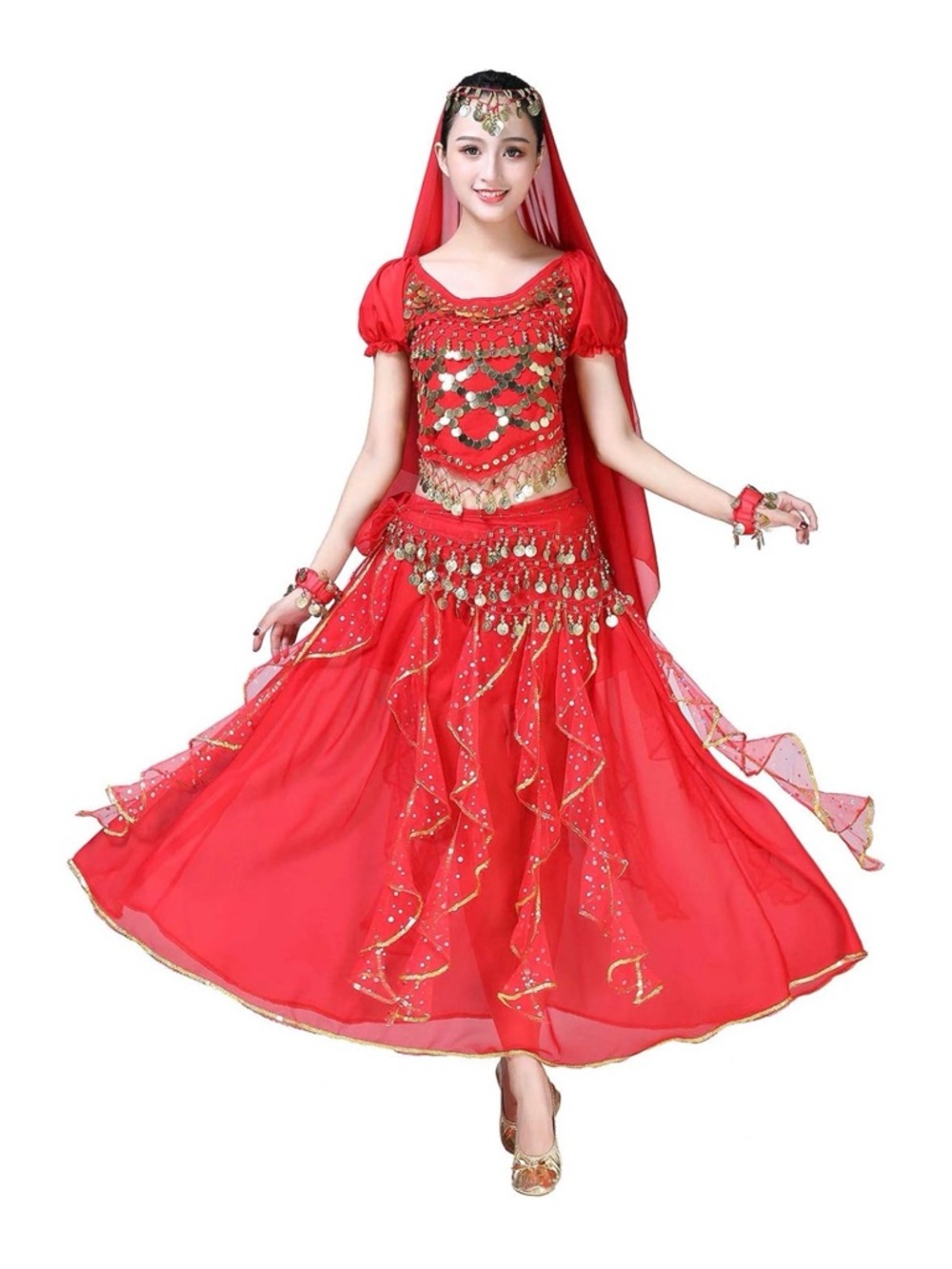NWT ORIDOOR Women Belly Dance Dress Indian Chiffon Skirts Shiny Belly Dance Red